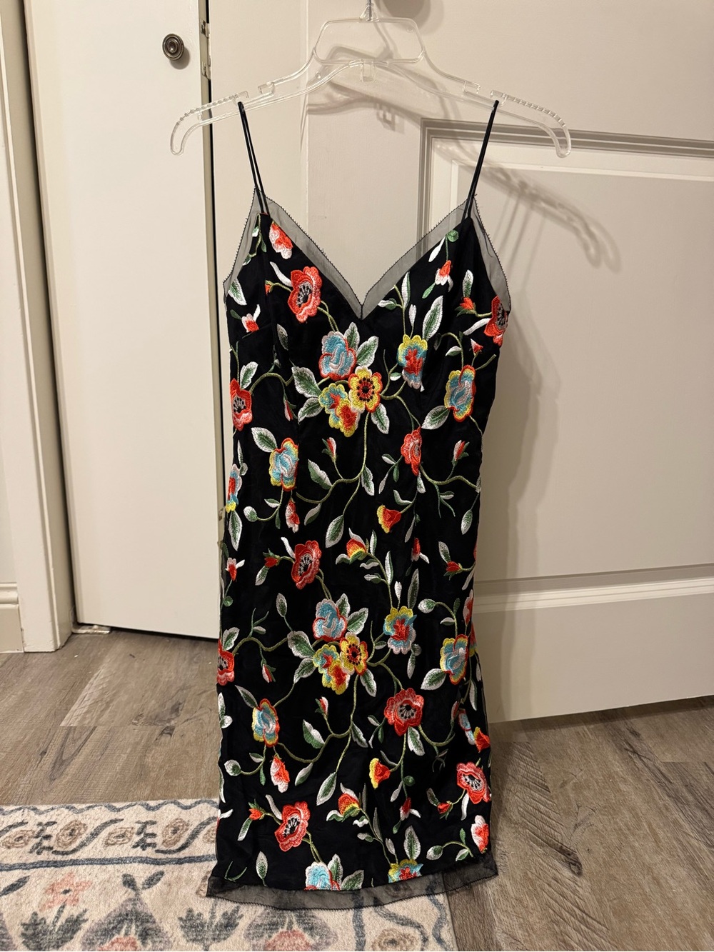 Aidan Mattox Black Midi Slip Dress with Multicolor Floral Embroidery